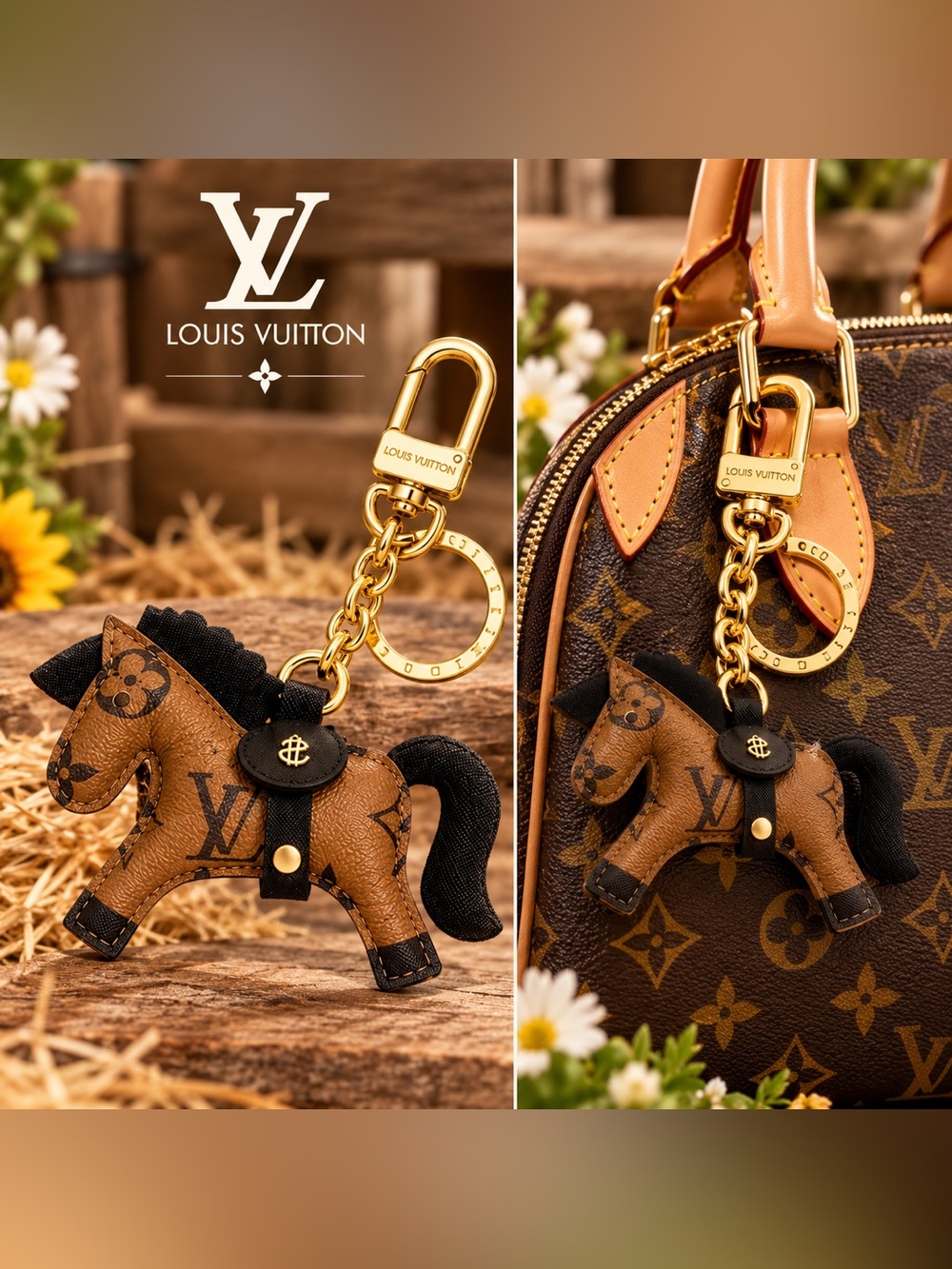 Brown Horse Key Charm with Gold Hardware